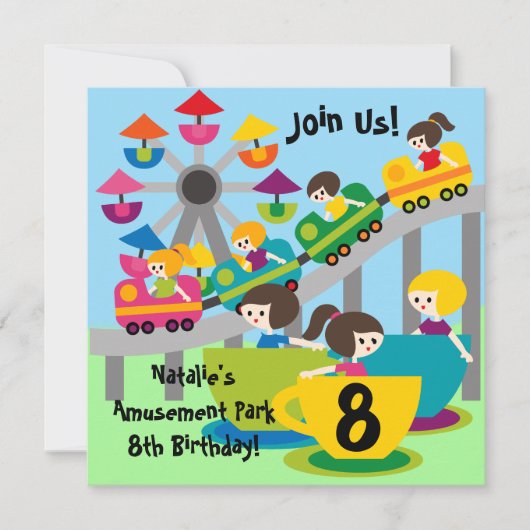 Invitation Parc d'attractions pour filles customisées Invitat (Devant)