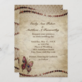 Invitation Parchemin antique, dentelle, perles et Mariage pap