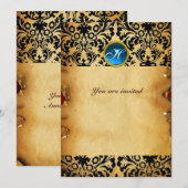 Invitation PARCHEMIN bleu monogramme pierre précieuse damasqu (Devant / Derrière)