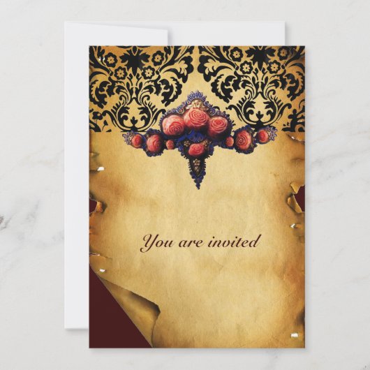 INVITATION PARCHEMIN DAMAS ET ROSES DE CORAIL ROSE (Devant)