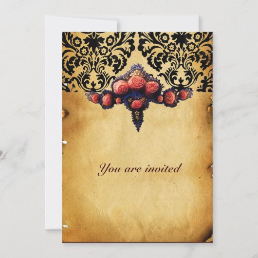INVITATION PARCHEMIN DAMAS ET ROSES DE CORAIL ROSE (Devant)