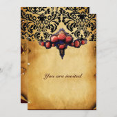 INVITATION PARCHEMIN DAMASSÉ ET ROSES CORAIL ROSE (Devant / Derrière)