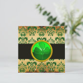 Invitation PARCHEMIN DAMASSÉ VERT BRUN AVEC TRÈFLE, noir (Debout devant)