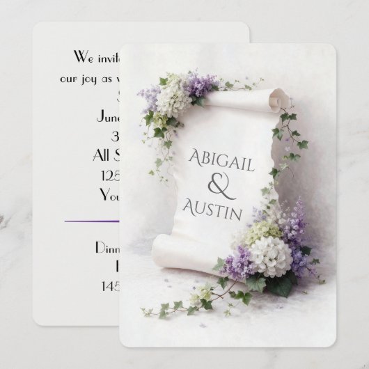 Invitation Parchemin de mariage blanc avec bordure florale (Devant / Derrière)