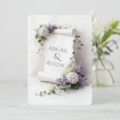 Invitation Parchemin de mariage blanc avec bordure florale (Debout devant)