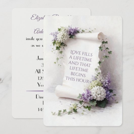 Invitation Parchemin de mariage blanc avec lilas et hydrangea (Devant / Derrière)