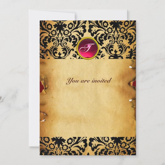 Invitation PARCHEMIN MONOGRAMME DAMASK GEM PIERRE rouge rose (Devant)