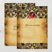 Invitation PARCHEMIN MONOGRAMME DAMASK GEM PIERRE rouge rose (Devant / Derrière)