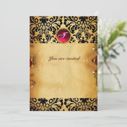 Invitation parchemin monogramme pierre gemme DAMASK rouge ros (Debout devant)