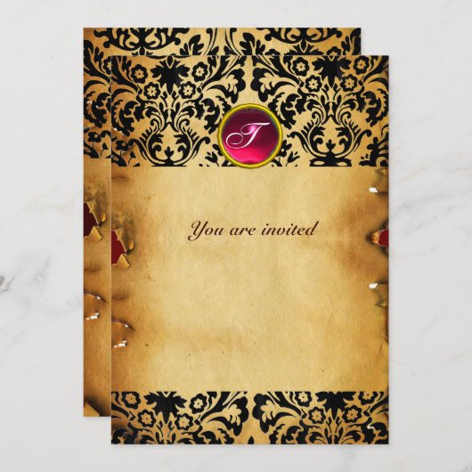 Invitation parchemin monogramme pierre gemme DAMASK rouge ros (Devant / Derrière)
