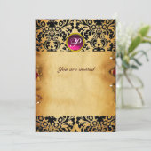 Invitation parchemin monogramme pierre gemme DAMASK violet ro (Debout devant)