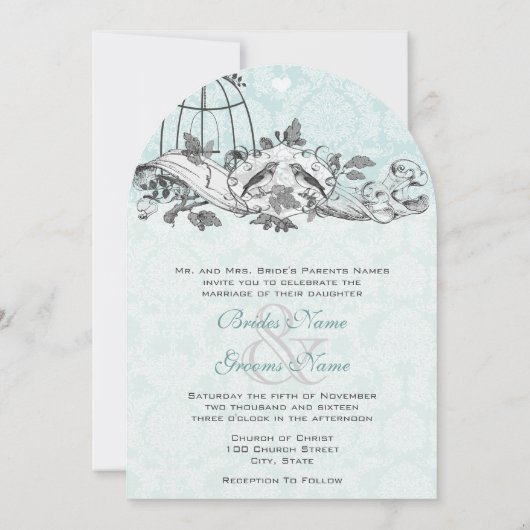Invitation Parchemin Musical Oiseaux Vintage Bleu Aqua (Dos)