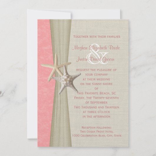 Invitation Parchemin rose et mariage de la plage de Starfish (Dos)