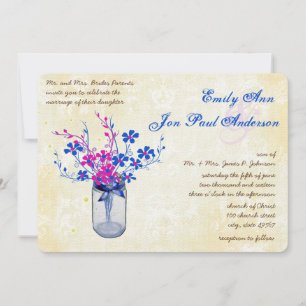 Invitation Parchemin rose et marine Fleur sauvage Mason Jar