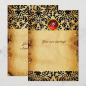 Invitation PARCHEMIN rouge monogramme pierre précieuse DAMASK (Devant / Derrière)