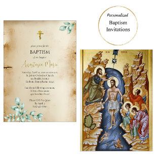 Invitation Parchemin rustique avec baptême orthodoxe à l'euca