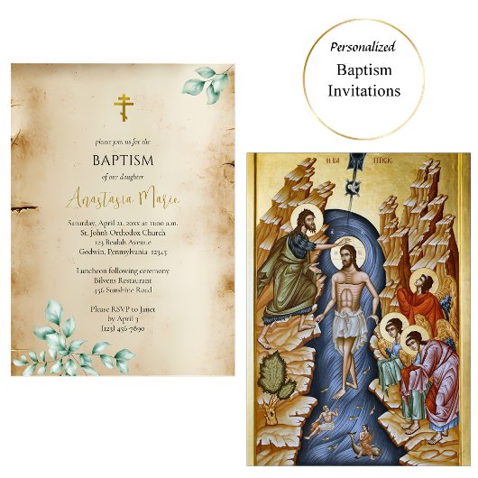 Invitation Parchemin rustique avec baptême orthodoxe à l'euca