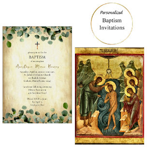 Invitation Parchemin vieilli et baptême orthodoxe à l'eucalyp
