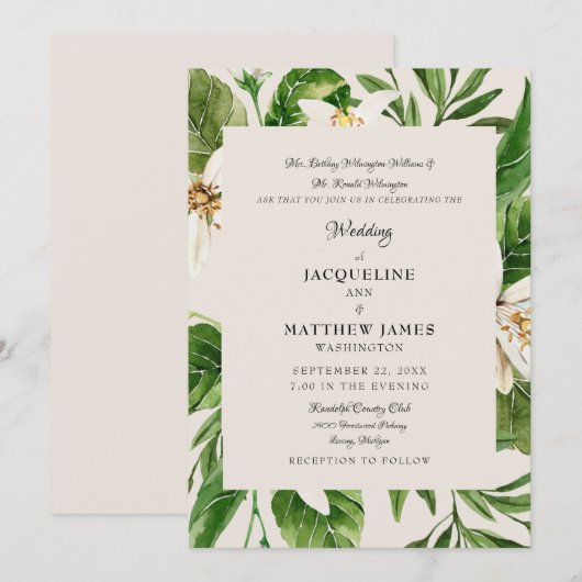 Invitation Parents de feuillage modernes Crème Mariage Mat (Devant / Derrière)