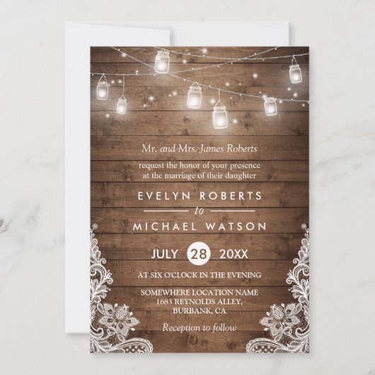 Invitation (Parents mariés) Mason Jars Lights Lace Mariage (Devant)