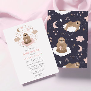Invitation Paresseux Lune Étoiles Rose Mignon Fille Baby Show