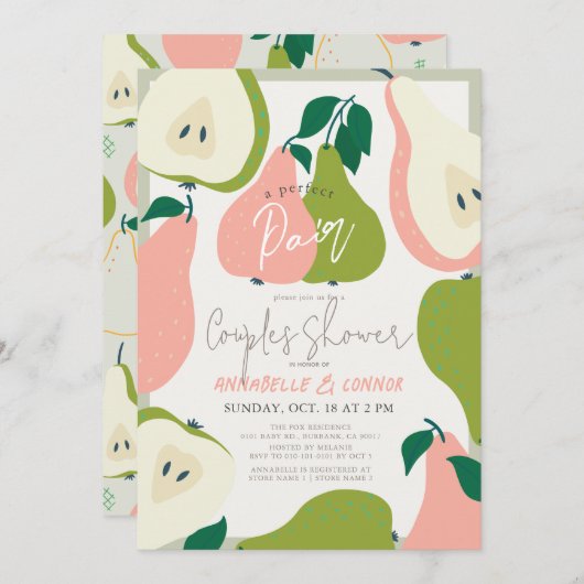 Invitation Parfait Paire Rose & Vert Couples Pear Douche (Devant / Derrière)