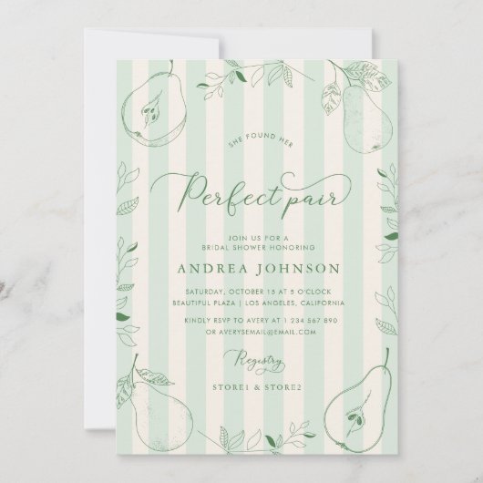 Invitation Parfait Paire Vert Rayures Pear Fête des mariées (Devant)