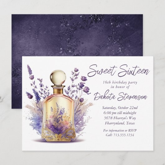Invitation Parfum et lavande | Sweet 16 fête d'anniversaire (Devant / Derrière)