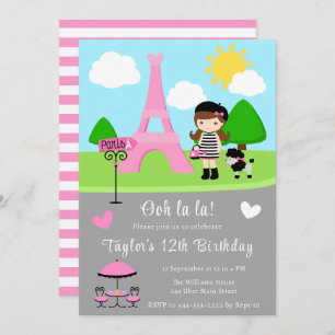 Invitation Paris Anniversaire Brunette Cheveux Girl and Poodl