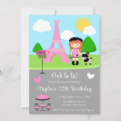 Invitation Paris Anniversaire Cheveux Rouges fille et caniche (Devant)