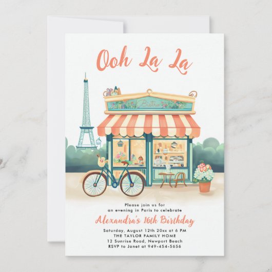 Invitation Paris Bistrot Eiffel Tour Peach Rose Turquoise Swe (Devant)