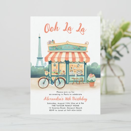 Invitation Paris Bistrot Eiffel Tour Peach Rose Turquoise Swe (Debout devant)