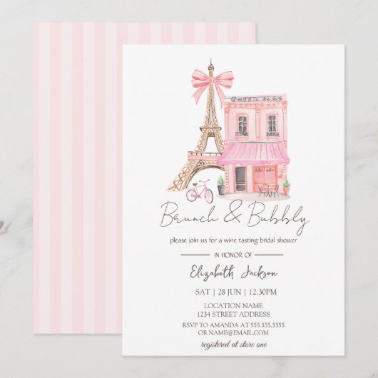 Invitation Paris Cafe Pink Striped Brunch and Bubbly (Devant / Derrière)