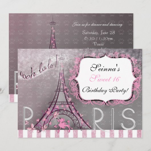 Invitation Paris Chic Étincelle Tour Eiffel Fête Douze Ans (Devant / Derrière)
