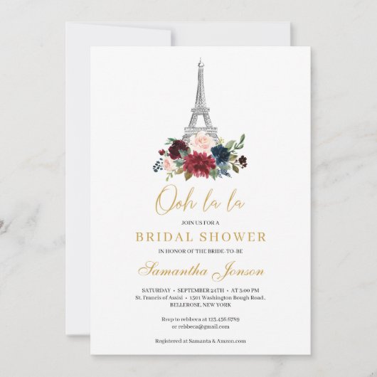 Invitation Paris eifel bouquet floral bordeaux nuptiale hiver (Devant)