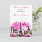 Invitation Paris Français Bonjour Bebe Baby shower noir rose (Debout devant)