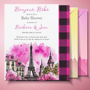 Invitation Paris Français Bonjour Bebe Baby shower noir rose