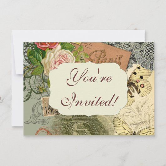Invitation Paris France Art Antique Collage Eiffel Français (Devant)