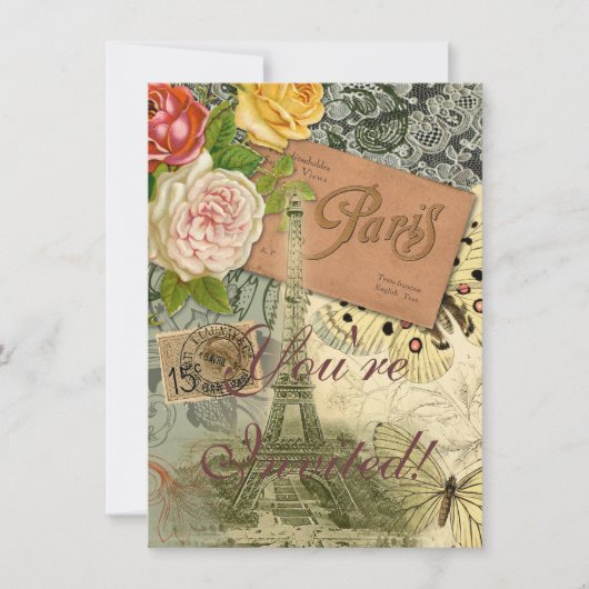 Invitation Paris France Art Antique Collage Eiffel Français (Devant)