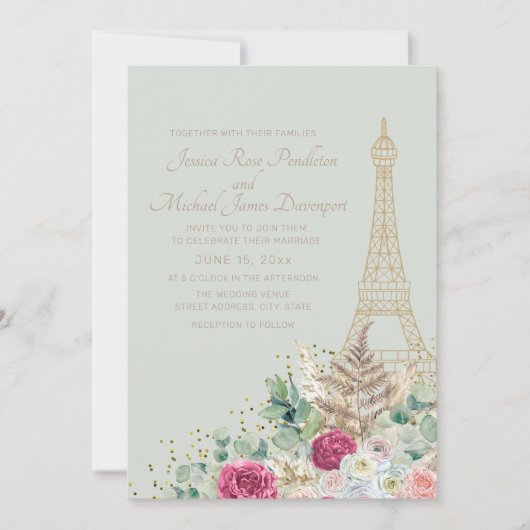 Invitation Paris France Tour Eiffel Mint Mariage vert (Devant)