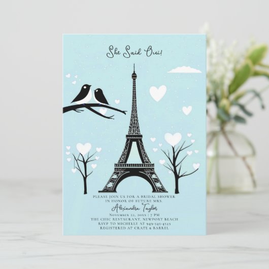 Invitation Paris Lovebirds Eiffel Hiver Fête des mariées bleu (Debout devant)