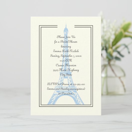 Invitation Paris mariage bleu Tour Eiffel douche nuptiale (Debout devant)