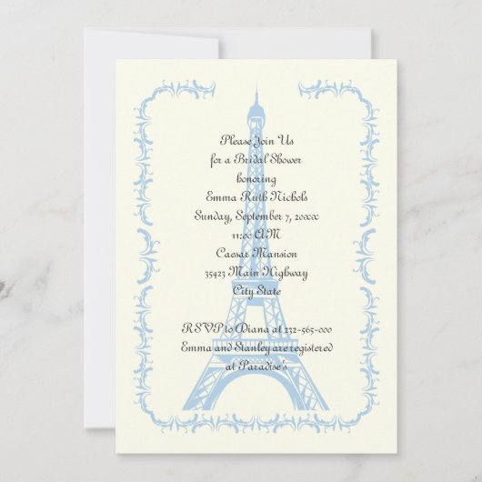 Invitation Paris mariage bleu Tour Eiffel douche nuptiale (Devant)