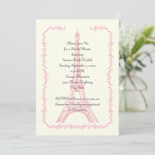 Invitation Paris mariage rose Tour Eiffel douche nuptiale (Debout devant)
