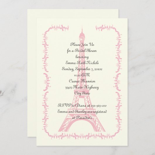 Invitation Paris mariage rose Tour Eiffel douche nuptiale (Devant / Derrière)