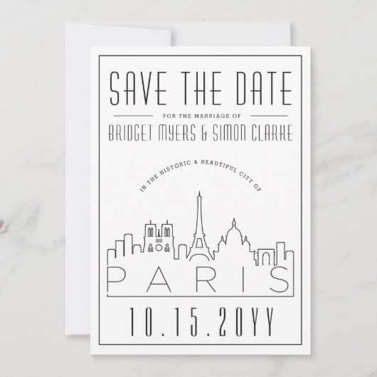 Invitation Paris Mariage | Skyline stylisée Enregistrer la da (Devant)