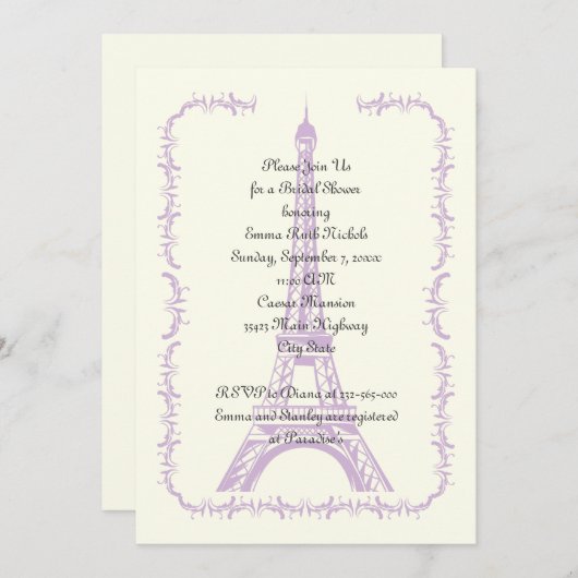 Invitation Paris mariage violet Tour Eiffel (Devant / Derrière)