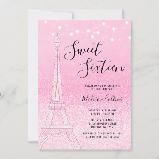 Invitation Paris Parties scintillant rose Lumière Sweet 16 (Devant)