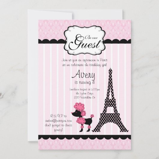 Invitation Paris Pink Poodle Tour Eiffle Tea Party (Devant)