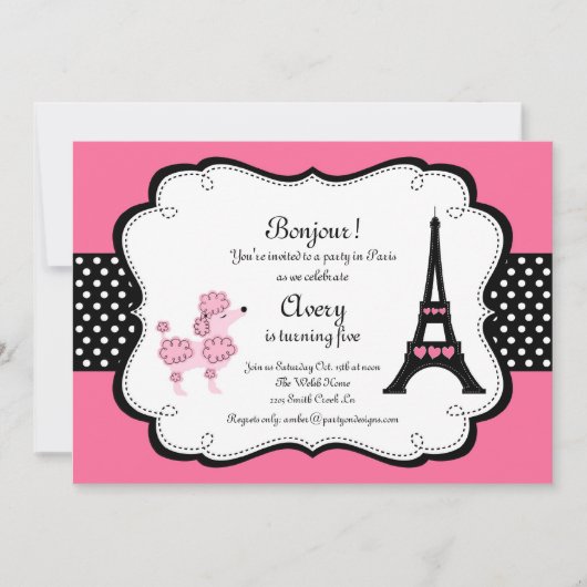 Invitation Paris Pink Poodle Tour Eiffle Tea Party (Devant)